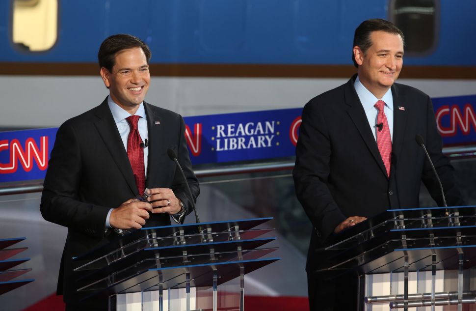 Republican presidential candidates Sen. Marco Rubio and Sen. Ted Cruz take part in the presidential debate at the Reagan Library in September (Photo: Justin Sullivan for Getty Images)