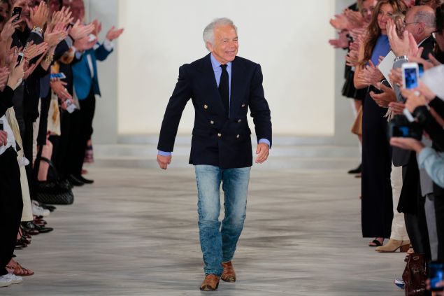 NEW YORK, NY - SEPTEMBER 17: Designer Ralph Lauren greets the audience at the finale of the Ralph Lauren Runway Spring 2016 New York Fashion Week: The Shows at Skylight Clarkson Sq on September 17, 2015 in New York City. (Photo by Randy Brooke/WireImage)