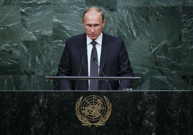NEW YORK, NY - SEPTEMBER 28: President of Russia Vladimir Putin addresses the United Nations General Assembly on September 28, 2015 in New York City. World leaders gathered for the 70th session of the annual meeting. (Photo by John Moore/Getty Images)