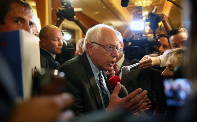 LAS VEGAS, NV - OCTOBER 13: Democratic presidential candidate Sen. Bernie Sanders (I-VT) is interviewed as he leaves the spin rooom after he took part in a presidential debate sponsored by CNN and Facebook at Wynn Las Vegas on October 13, 2015 in Las Vegas, Nevada. Five Democratic presidential candidates are participating in the party's first presidential debate. (Photo by Joe Raedle/Getty Images)