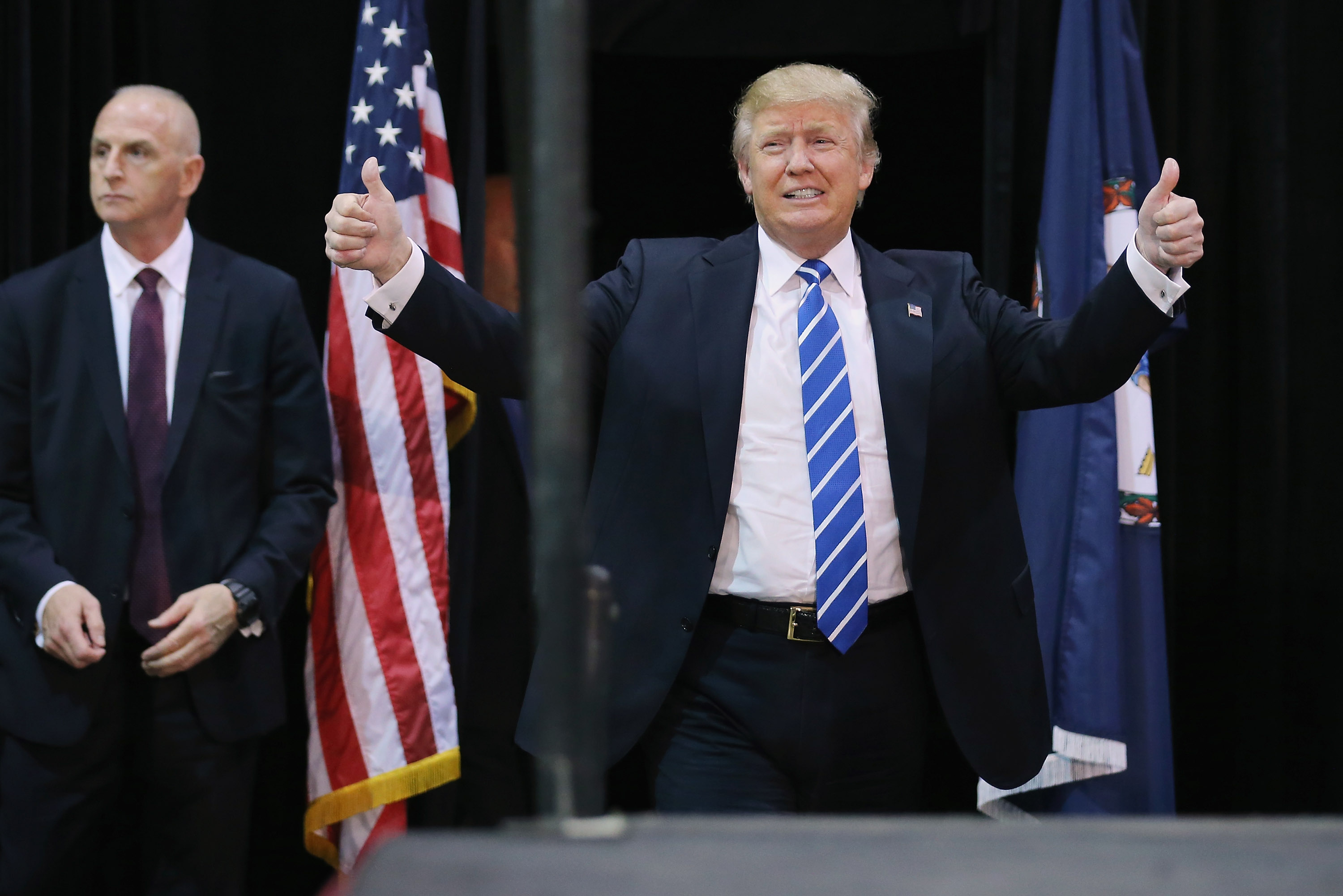 Republican presidential candidate and front-runner Donald Trump arrives at a campaign rally at the Richmond International Raceway October 14, 2015 in Richmond, Virginia. (Photo by Chip Somodevilla/Getty Images)