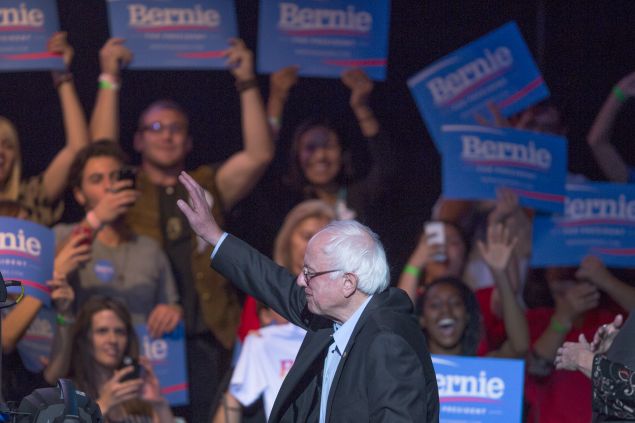 LOS ANGELES, CA - OCTOBER 14: Democratic presidential candidate U.S. Sen. Bernie Sanders waves to supporters at a campaign fundraising reception at the Avalon Hollywood nightclub on October 14, 2015 in the Hollywood section of Los Angeles, California. The fundraiser takes place on the day following the first Democratic presidential debate of the race, where Sanders faced off with frontrunner, Hillary Rodham Clinton, and three other candidates. (Photo by David McNew/Getty Images)