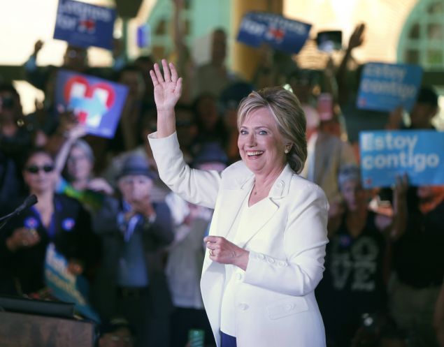 SAN ANTONIO, TX - OCTOBER 15: Democratic U.S. presidential hopeful Hillary Clinton acknowledges supporters at a "Latinos for Hillary" grassroots event October 15, 2015 in San Antonio, Texas. The event was part of the campaign's ongoing effort to build an organization outside of the four early states and work hard for every vote. (Photo by Erich Schlegel/Getty Images)
