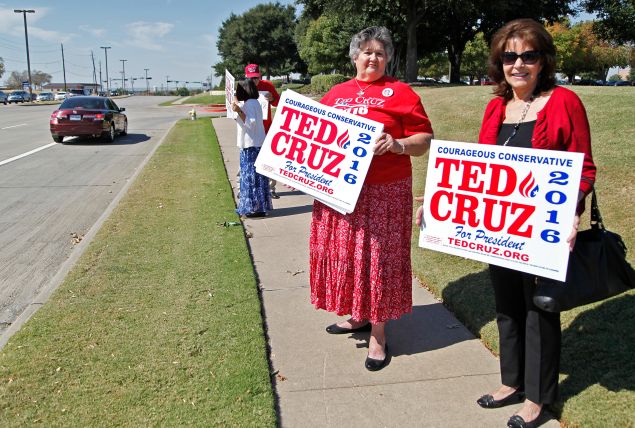PLANO, TX - OCTOBER 18: Suzanne Blackstone (R) of Plano, Texas and Maggie Wright of Burleson, Texas, hold signs showing their support for Ted Cruz outside of the venue where candidates will participate in the North Texas Presidential Forum at the Prestonwood Baptist Church in October 18, 2015 in Plano, Texas. Republican Presidential candidates were invited to address the audience for 10 minutes, followed by a 10 minute discussion with Dr. Jack Graham, pastor of Prestonwood Baptist Church. (Photo by Stewart F. House/Getty Images)