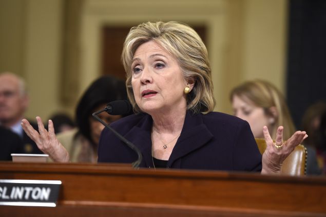 Former Secretary of State and Democratic Presidential hopeful Hillary Clinton testifies before the House Select Committee on Benghazi on Capitol Hill in Washington, DC, October 22, 2015. Clinton took the stand Thursday to defend her role in responding to deadly attacks on the US mission in Libya, as Republicans forged ahead with an inquiry criticized as partisan anti-Clinton propaganda. AFP PHOTO / SAUL LOEB (Photo credit should read SAUL LOEB/AFP/Getty Images)