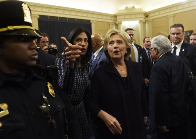 Former Secretary of State and Democratic Presidential hopeful Hillary Clinton with aide Huma Abedin (Photo: Saul Loeb for AFP/Getty Images)