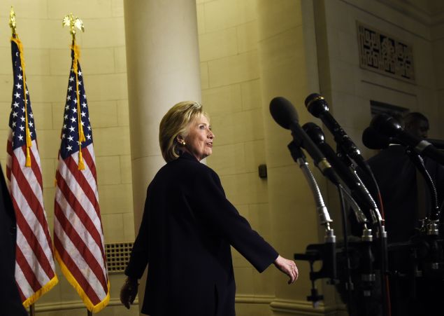 Former Secretary of State and Democratic Presidential hopeful Hillary Clinton leaves after she testified before the House Select Committee on Benghazi on Capitol Hill in Washington, DC, October 22, 2015. Clinton took the stand to defend her role in responding to deadly attacks on the US mission in Libya, as Republicans forged ahead with an inquiry criticized as partisan anti-Clinton propaganda. AFP PHOTO/ SAUL LOEB (Photo credit should read SAUL LOEB/AFP/Getty Images)