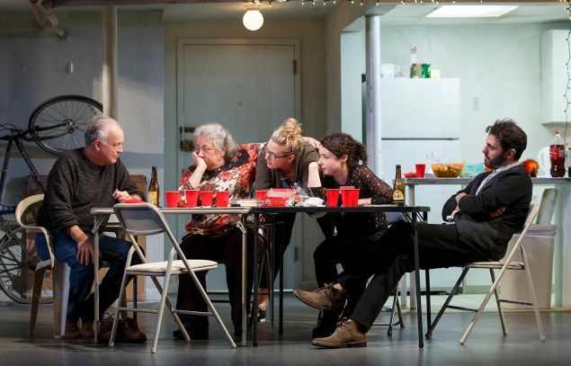 Left to right: reed Birney, Jayne Houdyshell, Cassie Beck, Sarah Steele and Arian Moayed in The Humans. (Photo: Joan Marcus)