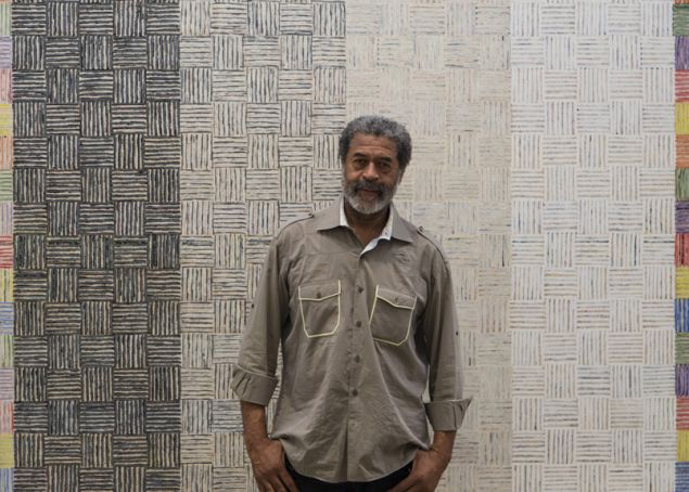 McArthur Binion in front of DNA: Study: 84 x 84 inches:1. (Photo: Courtesy of McArthur Binion and Galerie Lelong, New York)