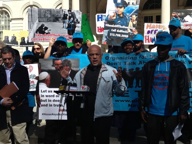 Rev. Sam Cruz, center, with attorney Norman Siegel, left (Photo: Will Bredderman for Observer).