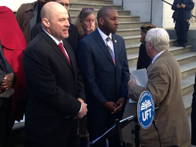 UFT President Michael Mulgrew, left, today (Photo: Will Bredderman for Observer).