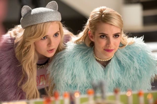 SCREAM QUEENS: Pictured L-R: Abigail Breslin as Chanel #5 and Emma Roberts as Chanel Oberlin in the "Pumpkin Patch" episode of SCREAM QUEENS airing Tuesday, Oct. 13 (9:00-10:00 PM ET/PT) on FOX. ©2015 Fox Broadcasting Co. Cr: Steve Dietl/FOX.