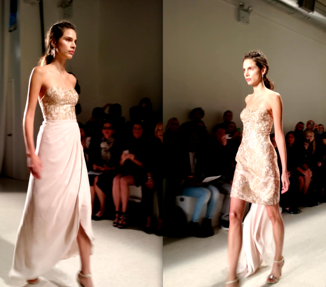 A model demonstrates Brideside's exclusive new mix-and-match collection on the Bridal Fashion Week runway. (Photo: Brideside)