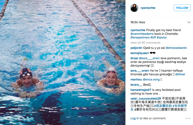 Ryan Lochte hit the pool with a pal. (Photo: Instagram/Ryan Lochte)