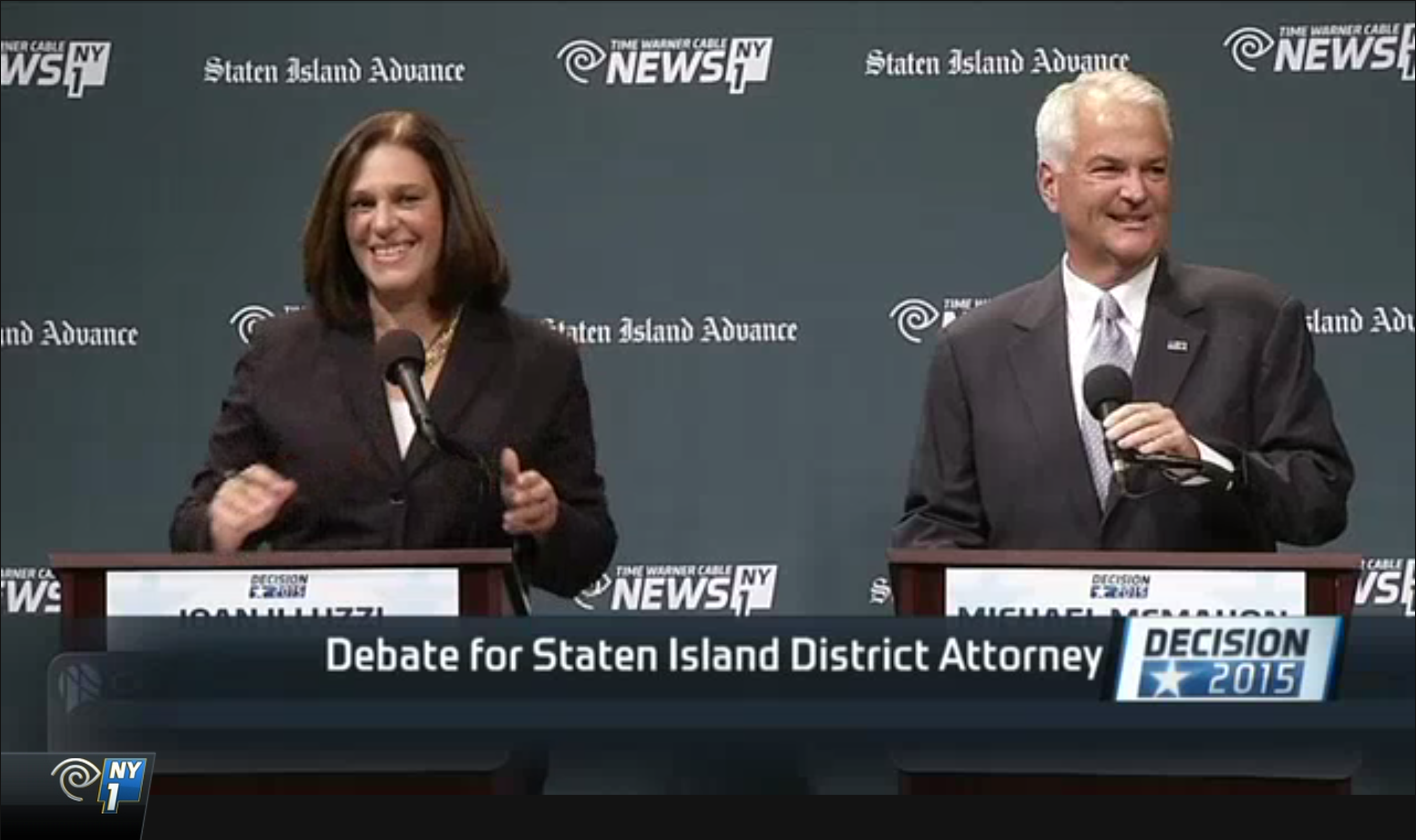 Joan Illuzzi and Michael McMahon, who are running for Staten Island district attorney, during a NY1/Staten Island Advance debate. (Screengrab: NY1)