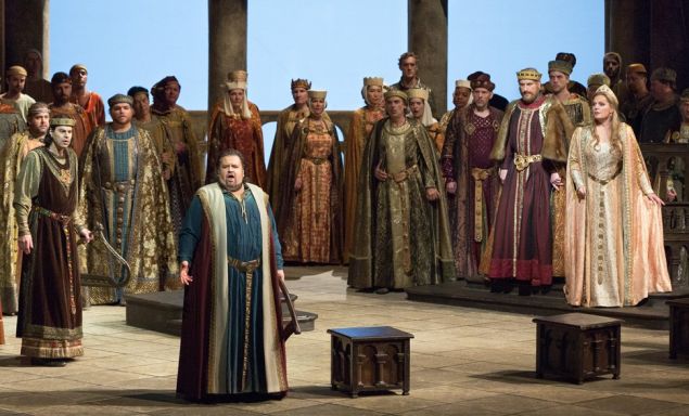 Peter Mattei as Wolfram, Johan Botha in the title role, Günther Groissböck as Landgraf Hermann and Eva-Maria Westbroek as Elisabeth in Wagner's Tannhäuser. (Photo: Marty Sohl/Metropolitan Opera)