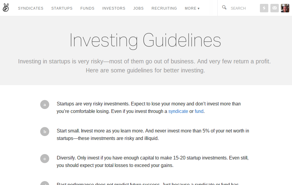 AngelList Investing Guidelines, including disclaimer