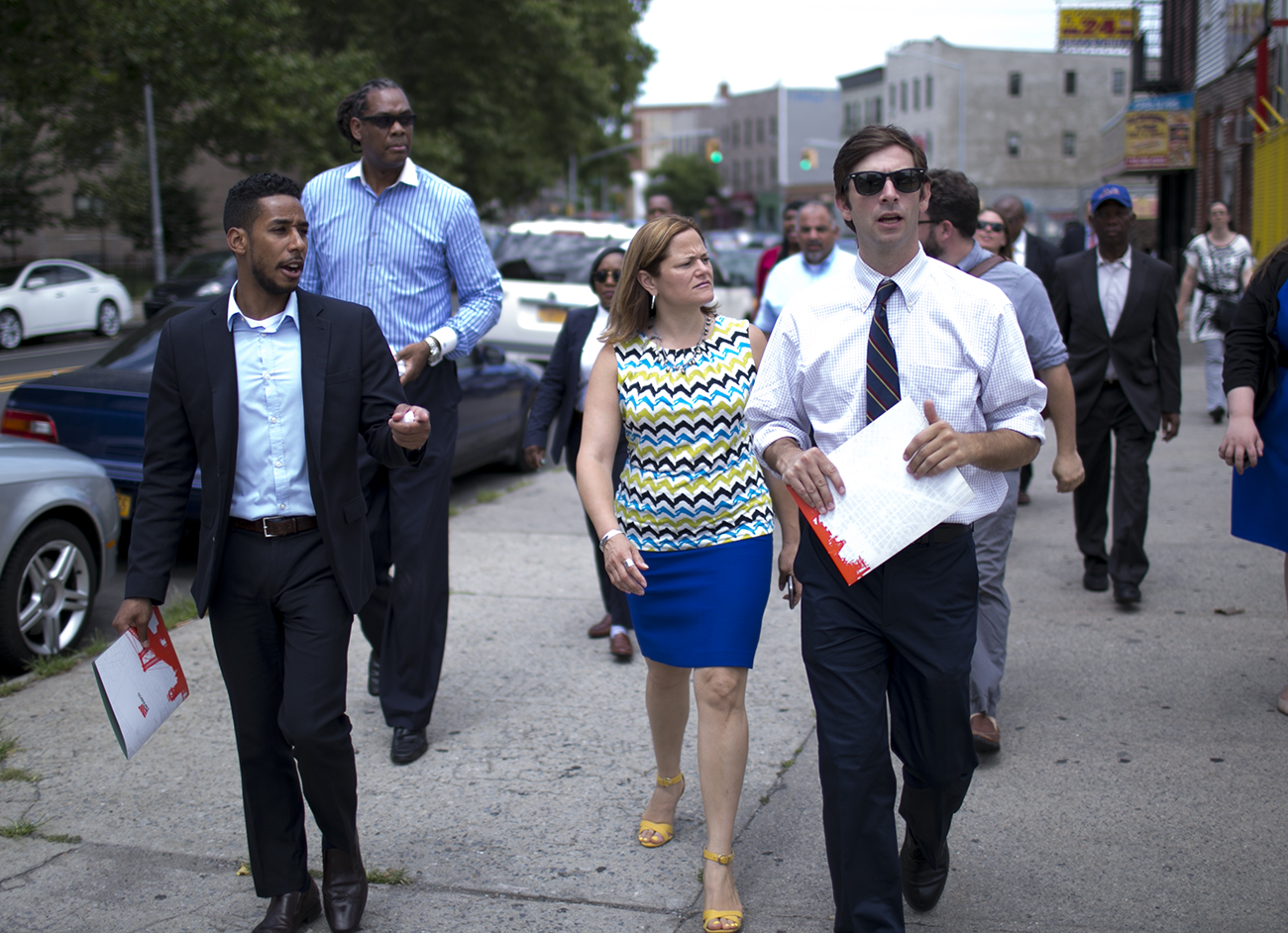 Council Speaker Melissa Mark-Viverito, center, tours an Industrial Business Zone with, from left, Council members Antonio Reynoso, Robert Cornegy, and Stephen Levin.