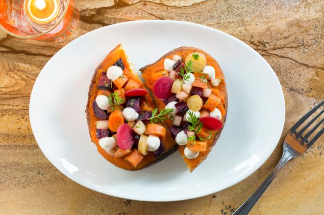 Carrot toast with carrot harrisa butter, apple, tarragon and whipped tofu. (Photo: Melissa C. Goodwin for Observer)
