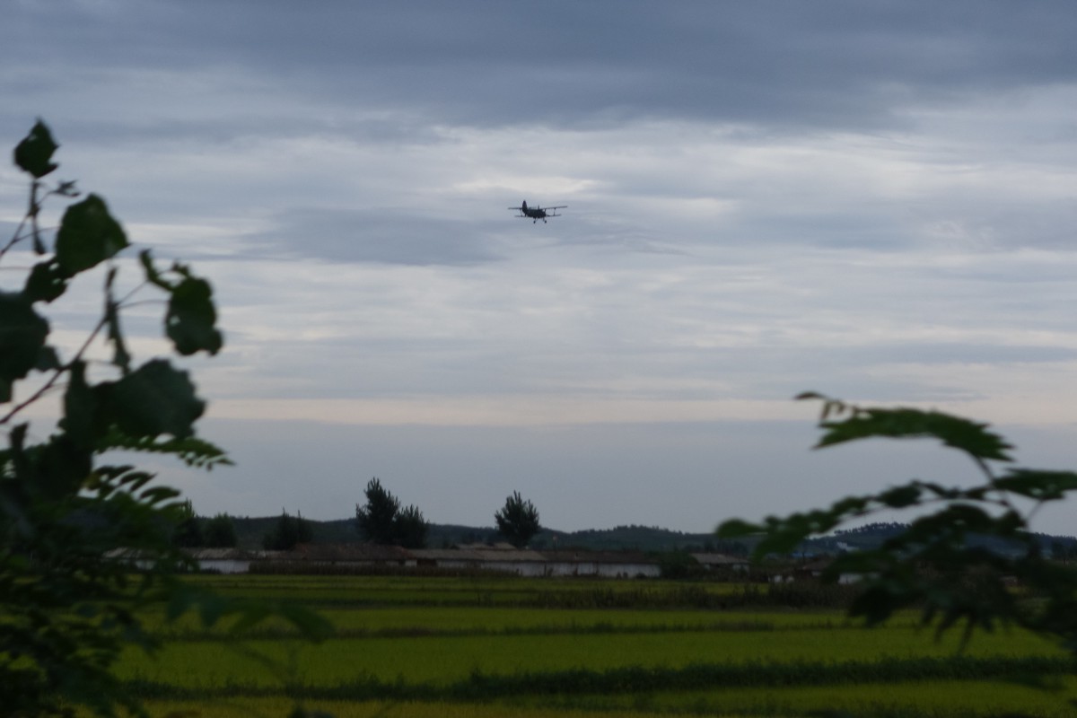 Military biplane flying overhead