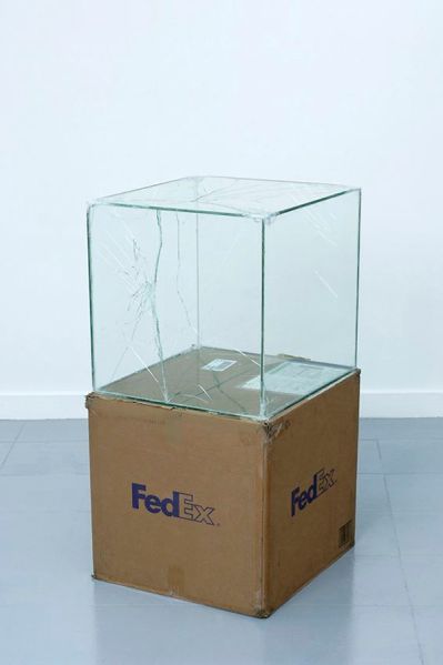 Walead Beshty, FedEx Large Kraft Box 2005 FEDEX 330508 REV 10/05 SSCC, International Priority, Los Angeles–Brussels trk#865282057975, October 27–30, 2008, International Priority, Brussels–Los Angeles trk#866071746396, December 8-9, 2008, Standard Overnight, Los Angeles–New York trk#774901659423, November 4–5, 2015, 2008. (Photo: Courtesy of the artist and Petzel, New York)