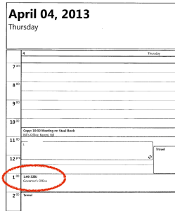 Bill Baroni calendar page shows the meeting between Port Authority staff, Christie political staff, and a key union's political fixers.