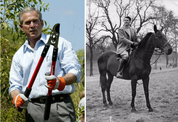 LEFT: Pres. George W. Bush (STEPHEN JAFFE/AFP/Getty Images). RIGHT: Pres. Ronald Reagan (George Konig/Keystone Features/Getty Images)