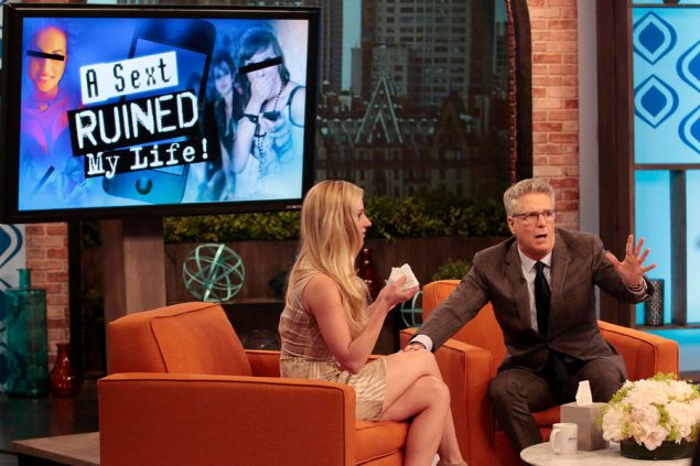 DONNY! -- "A Sext Ruined My Life" Episode 105 -- Pictured: (l-r) Katie Morrison as Becky, Donny Deutsch as Himself -- (Photo by: Giovanni Rufino/USA Network)