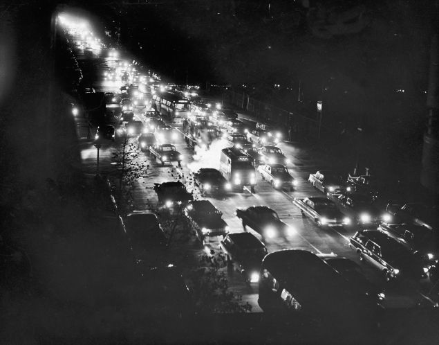 NEW YORK - NOVEMBER 9: (FILE PHOTO) A high-angle view of a traffic jam on First Avenue during a power blackout, November 9, 1965 in New York City. The largest power blackout in the history of the U.S. affected a large part of the north eastern United States and Canada August 14, 2003 with power only beginning to come back in parts of the city early August 15, 2003. (Photo by Hulton Archive/Getty Images)