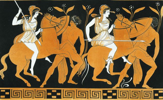 FRANCE - DECEMBER 01: Victory of Theseus over the Amazons with the Mithras wearing Phrygian caps, illustration from Collection des vases grecs de le Comte de M Lamberg, vol I, Table 20, Paris, from 1813 to 1824, by Alexandre de Laborde. 19th century. Paris, Bibliothèque Des Arts Decoratifs (Library) (Photo by DeAgostini/Getty Images)