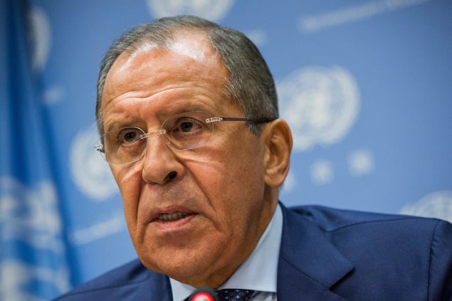 NEW YORK, NY - OCTOBER 01: Russian Foreign Affairs Minister Sergey Lavrov speaks at a press conference at the United Nations on October 1, 2015 in New York City. Russia started a bombing campaign in Syria yesterday, claiming to target ISIS locations, though western countries dispute this claim and say Russian bombs were aimed at locations held by Syrian rebels who oppose the government. (Photo by Andrew Burton/Getty Images)