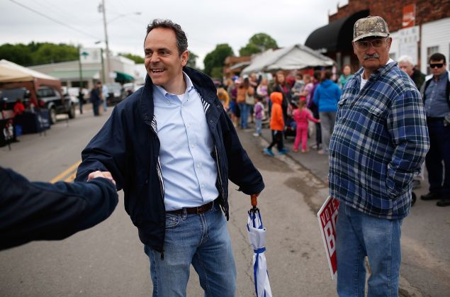 FOUNTAIN RUN, KY - MAY 17: Kentucky Republican senatorial candidate Matt Bevin greets voters at the Fountain Run BBQ Festival while campaigning for the Republican primary May 17, 2014 in Fountain Run, Kentucky. Bevin and Senate Minoriry Leader Mitch McConnell are campaigning heavily throughout the state during the final weekend before the Republican primary to be held May 20. (Photo by Win McNamee/Getty Images)