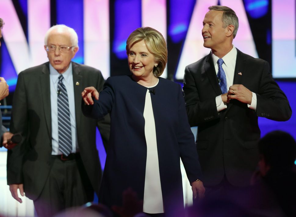 The three democratic presidential candidates still standing, from their last debate, as we head into the second Democratic debate—because nobody ever lets Jim Webb speak. (Photo: Joe Raedle/Getty Images)