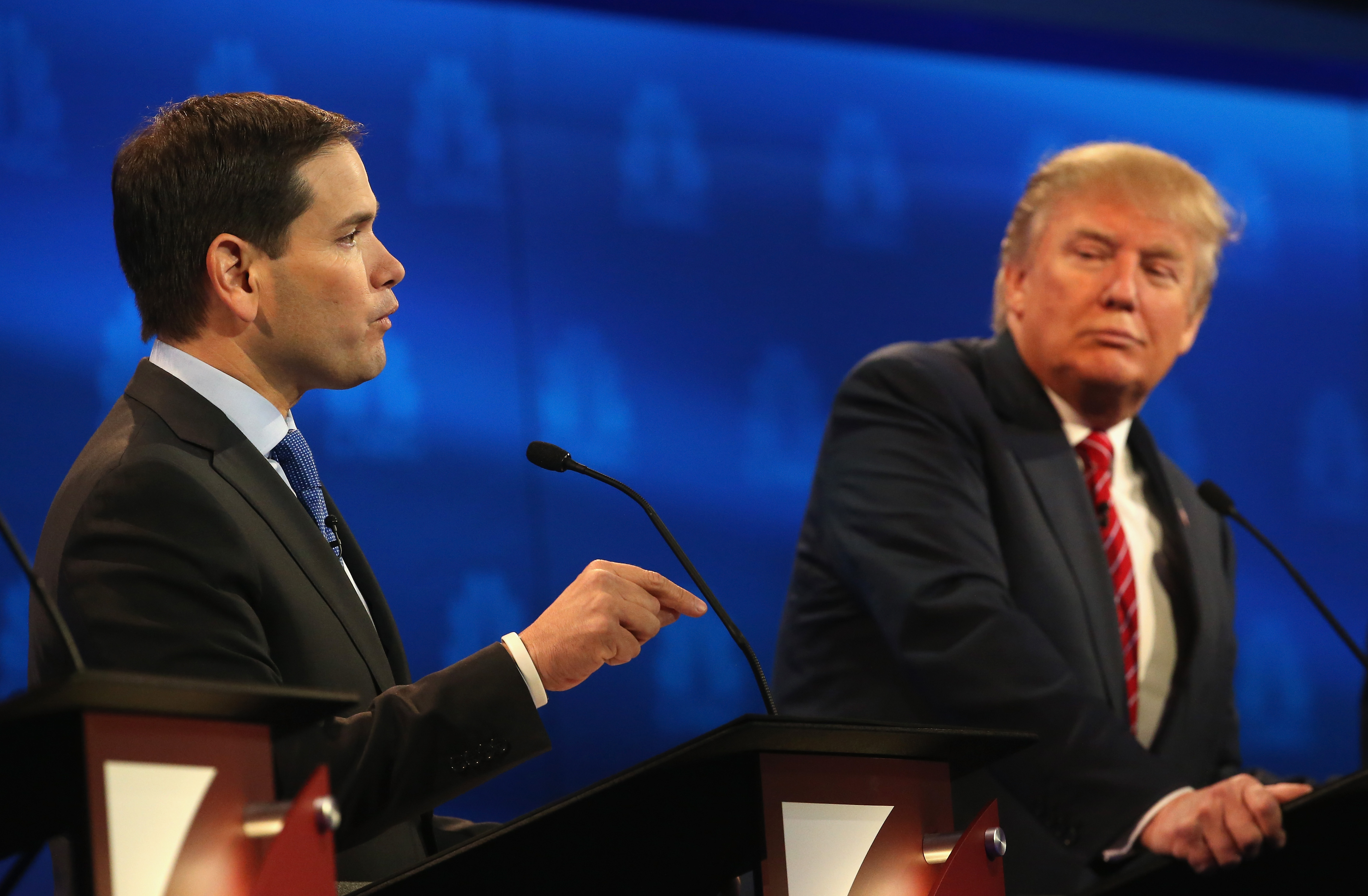 Sen. Marco Rubio speaks while Donald Trump looks on during the CNBC Republican Presidential Debate on October 28, 2015 in Boulder, Colorado. (Justin Sullivan/Getty Images)