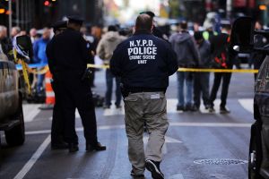 Police at the scene of the shooting outside Penn Station on Monday morning (Photo by Spencer Platt/Getty Images)