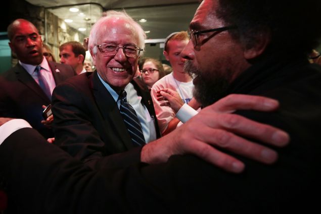 DES MOINES, IA - NOVEMBER 14: Philosopher Cornel West (R) embraces Democratic presidential candidate Sen. Bernie Sanders (I-VT) at a watch party for the second Democratic presidential debate November 14, 2015 in Des Moines, Iowa. Sanders joined Hillary Clinton and Martin O'Malley in the party's second presidential debate. (Photo by Alex Wong/Getty Images)
