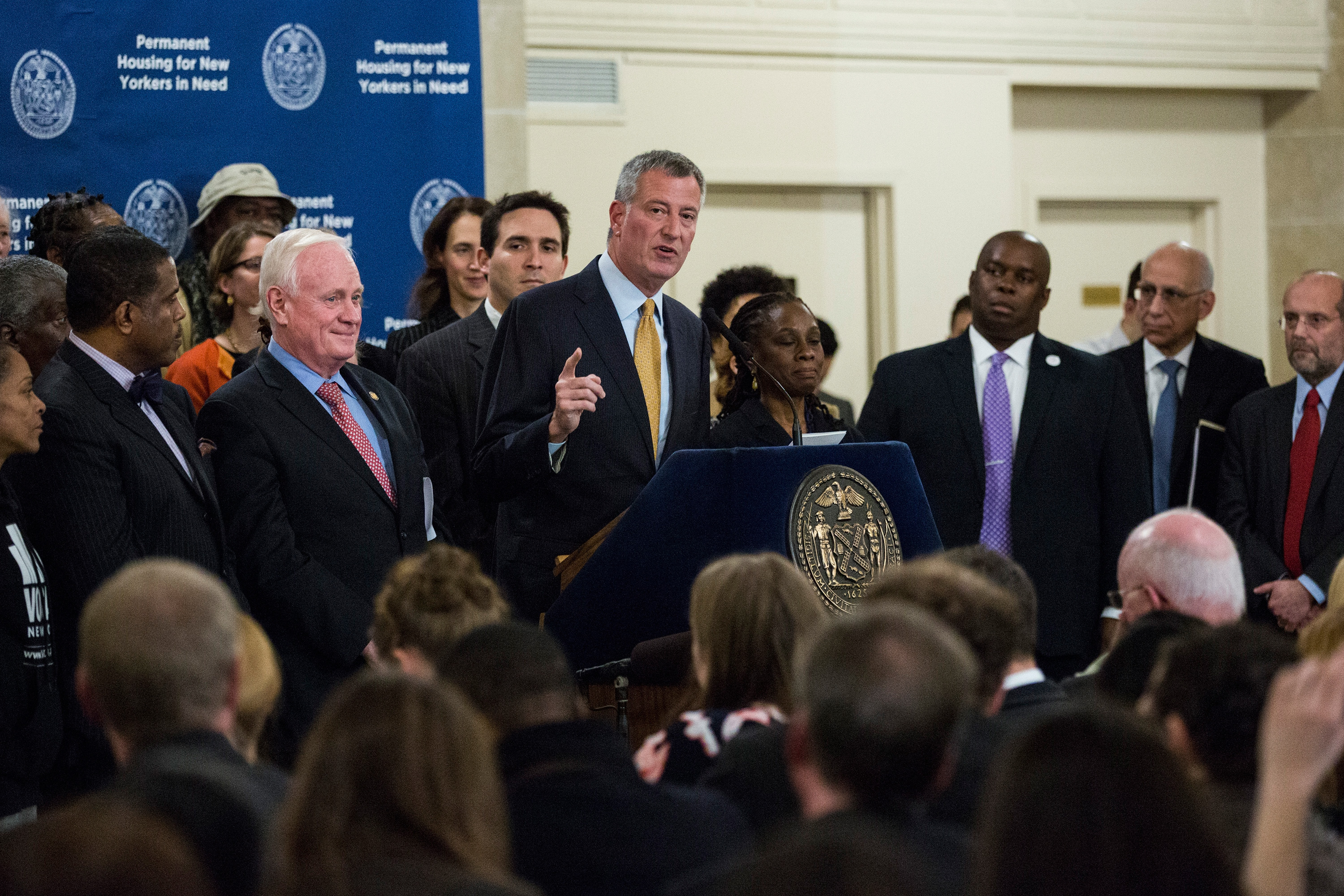 New York City Mayor Bill de Blasio announces a new initiative for housing for homeless people. (Photo by Andrew Burton/Getty Images)