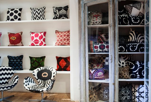 Madeline’s Pillow wall featuring silk ikat and velvet ikat pillows (Photo: Andrea Chu for Observer).