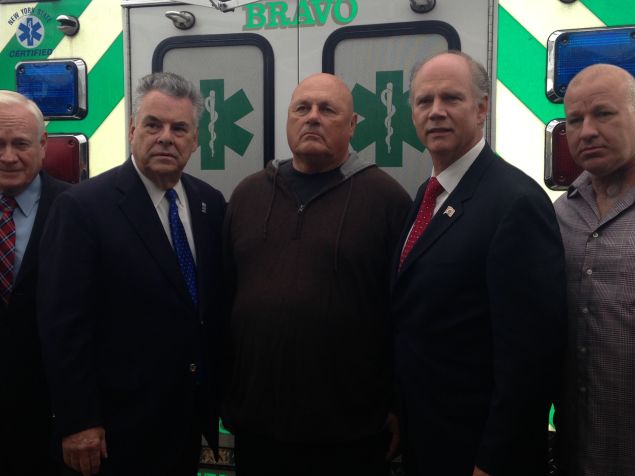Joseph Zadroga, center, flanked by Congressman Peter King and Congressman Daniel Donovan (Photo: Will Bredderman for Observer).