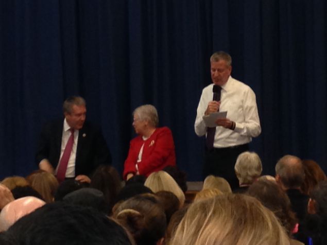 Mayor Bill de Blasio, right, with Schools Chancellor Carmen Farina and Councilman Daniel Dromm (Photo: Will Bredderman for Observer).