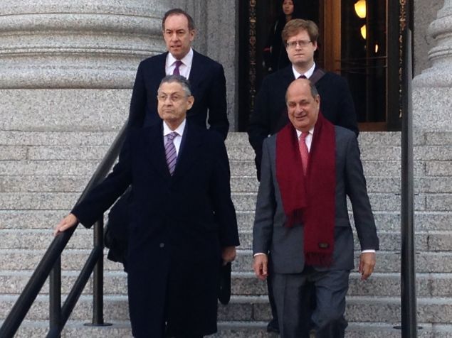 Assemblyman Sheldon Silver, lower left, with his attorneys today (Photo: Will Bredderman for Observer).