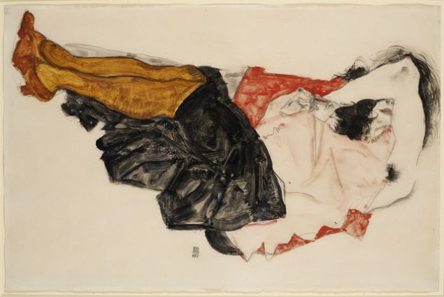 EGON SCHIELE Woman Hiding her Face, 1912 Gouache, watercolour and pencil on oar 12 1/5 × 18 1/2 in 31 × 47 cm Contact For Price RICHARD NAGY LTD.