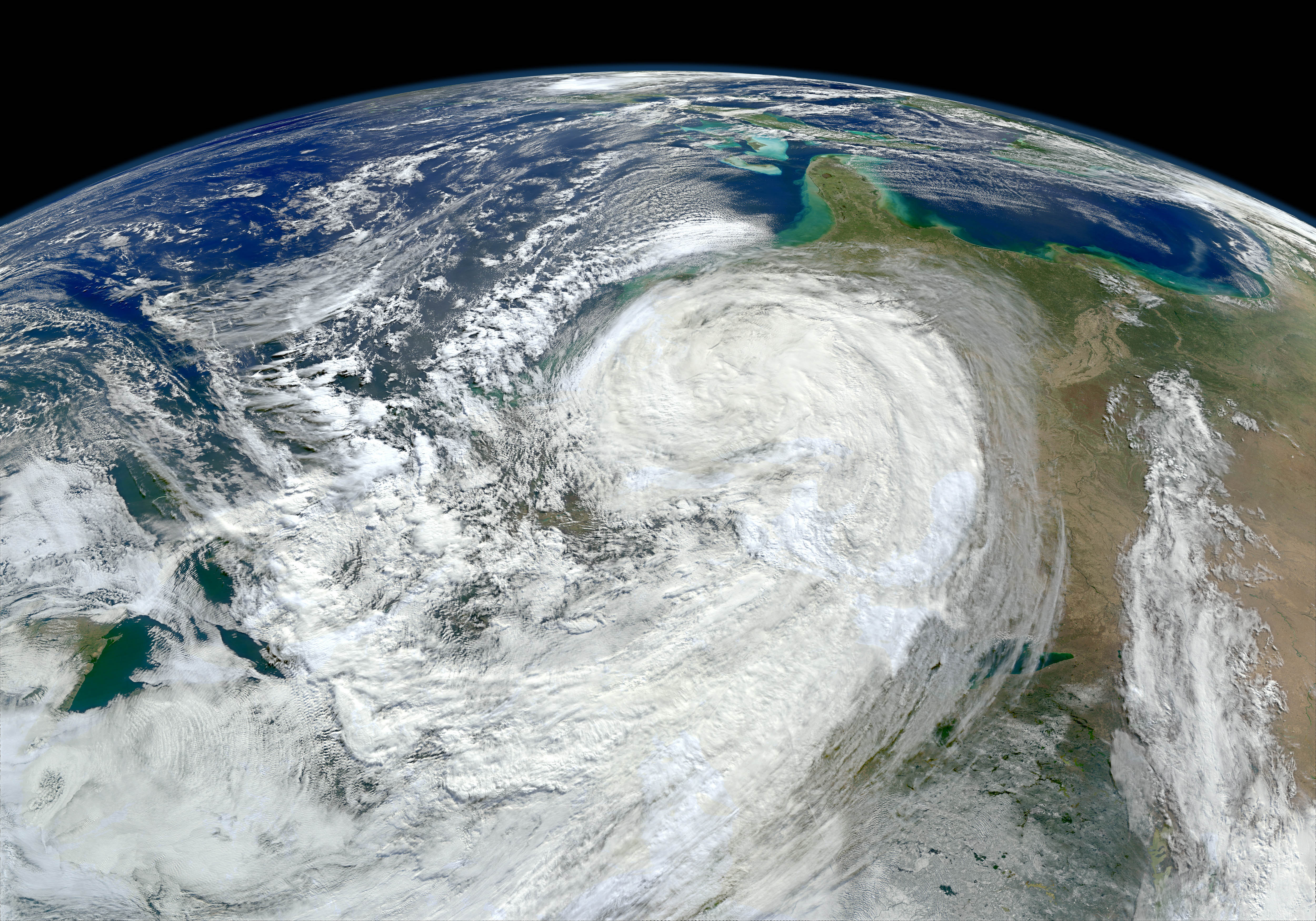 The remnants of Hurricane Sandy battering the northeastern states. Note that the image is rotated so that you are looking south from Canada, with north toward the bottom. (Photo: NASA/Norman Kuring, Ocean Color Web)