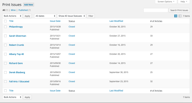 Issue table in Eight Day Week WordPress Plugin