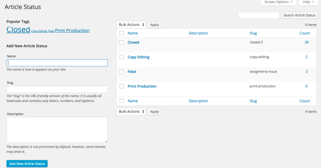 Custom article statuses in Eight Day Week plugin