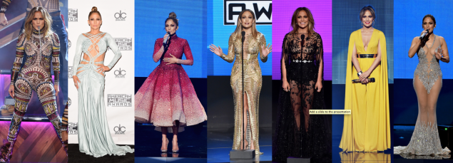 Jennifer Lopez in DSquared2, Michael Cinco, Julien Macdonald, Zuhair Murad, Michael Costello, and Charbel Zoe Couture (Photos: Getty Images).