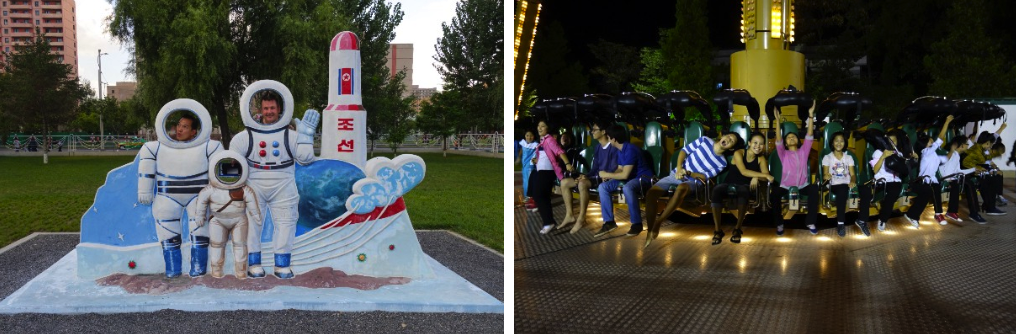 Posing with a rocket (left); Evening Fun Fair (right)