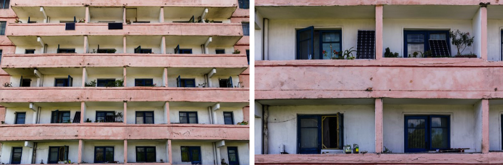 Close up of an apartment complex in Pyongyang