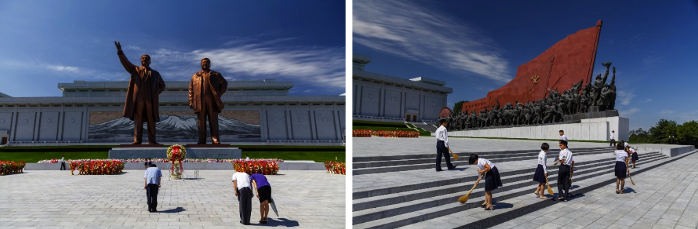 Paying respect to the Dear Leaders (left); Students sweeping monument steps (right)