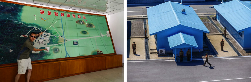 Map of the DMZ (left); North Korean soldiers at the DMZ (right)